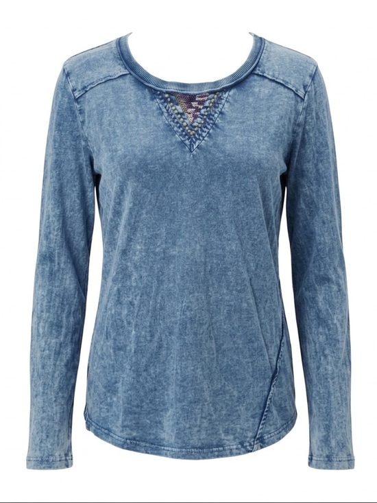 Spense Tops - Spense Blue Acid Wash Boho Top Embroidered Y2K Long‎ Sleeve Tee- Medium